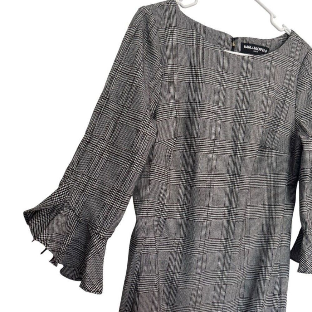 Karl Lagerfeld Sz 8 Plaid Ponte Knit Bell Ruffle Sleeve Sheath Dress Black White - Picture 3 of 8